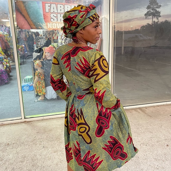 African clothing for women Ankara long sleeve mid dress with head wrap - Picture 4 of 5